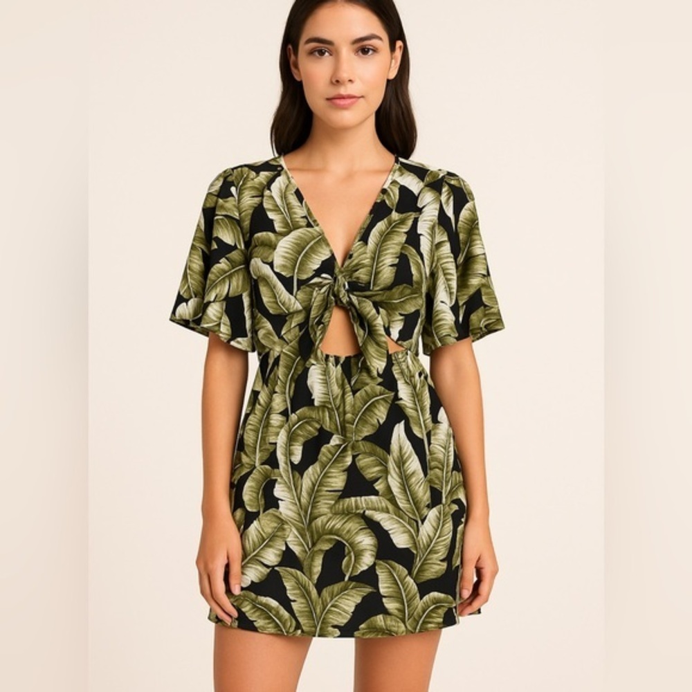 Buddy Love Black Mini Dress with Olive Green Leaf Print